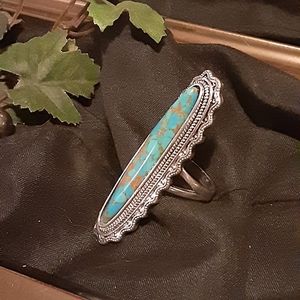 925 Silver Long Turquoise Ring Size 8